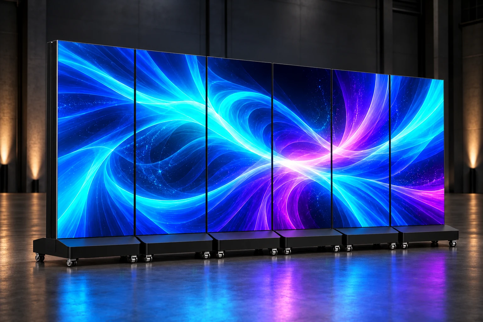 Concept illustration of six single-sided HB-X LED posters, one display panel per unit, with inward-facing power and data connections concealed from the audience