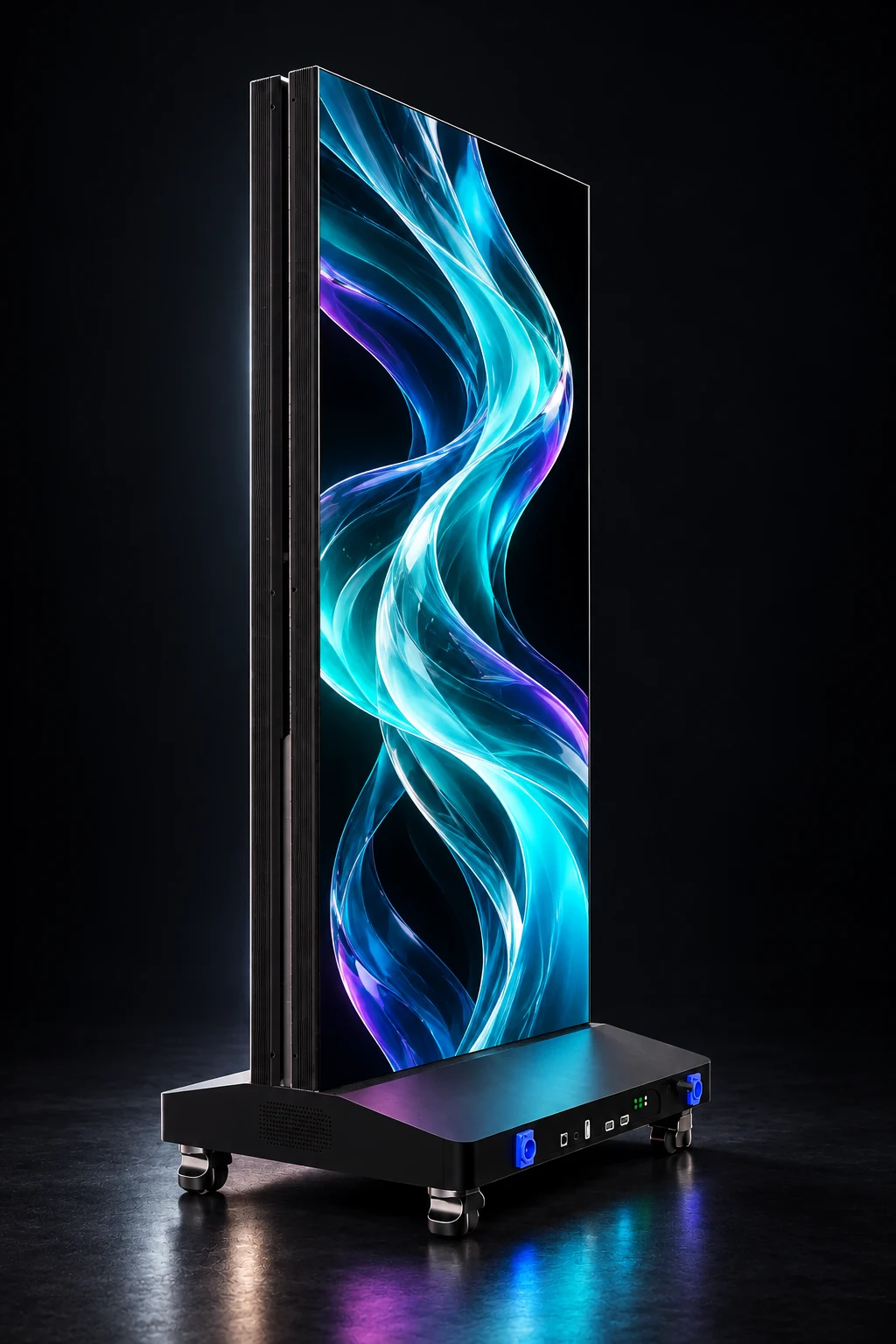 KEDA LED poster display illustration with luminous cyan and violet content, slim black cabinet and wheeled base