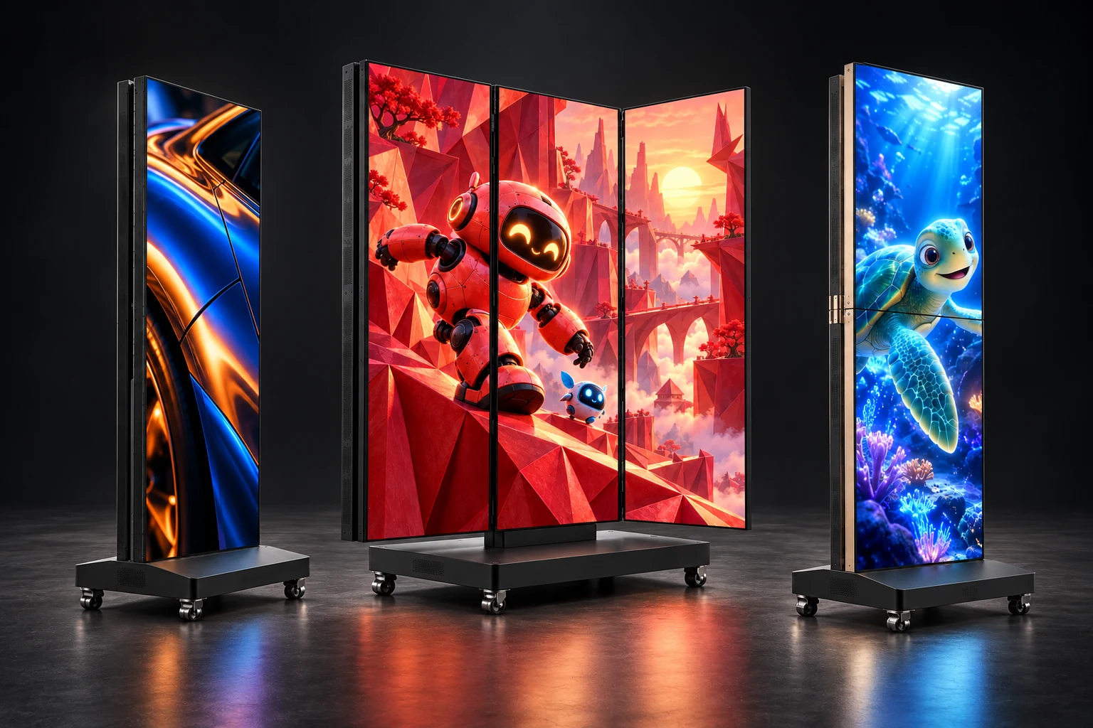 Generated studio illustration of a mobile LED poster, a three-panel folding display and a vertically folding poster, showing automotive, animated robot and underwater imagery