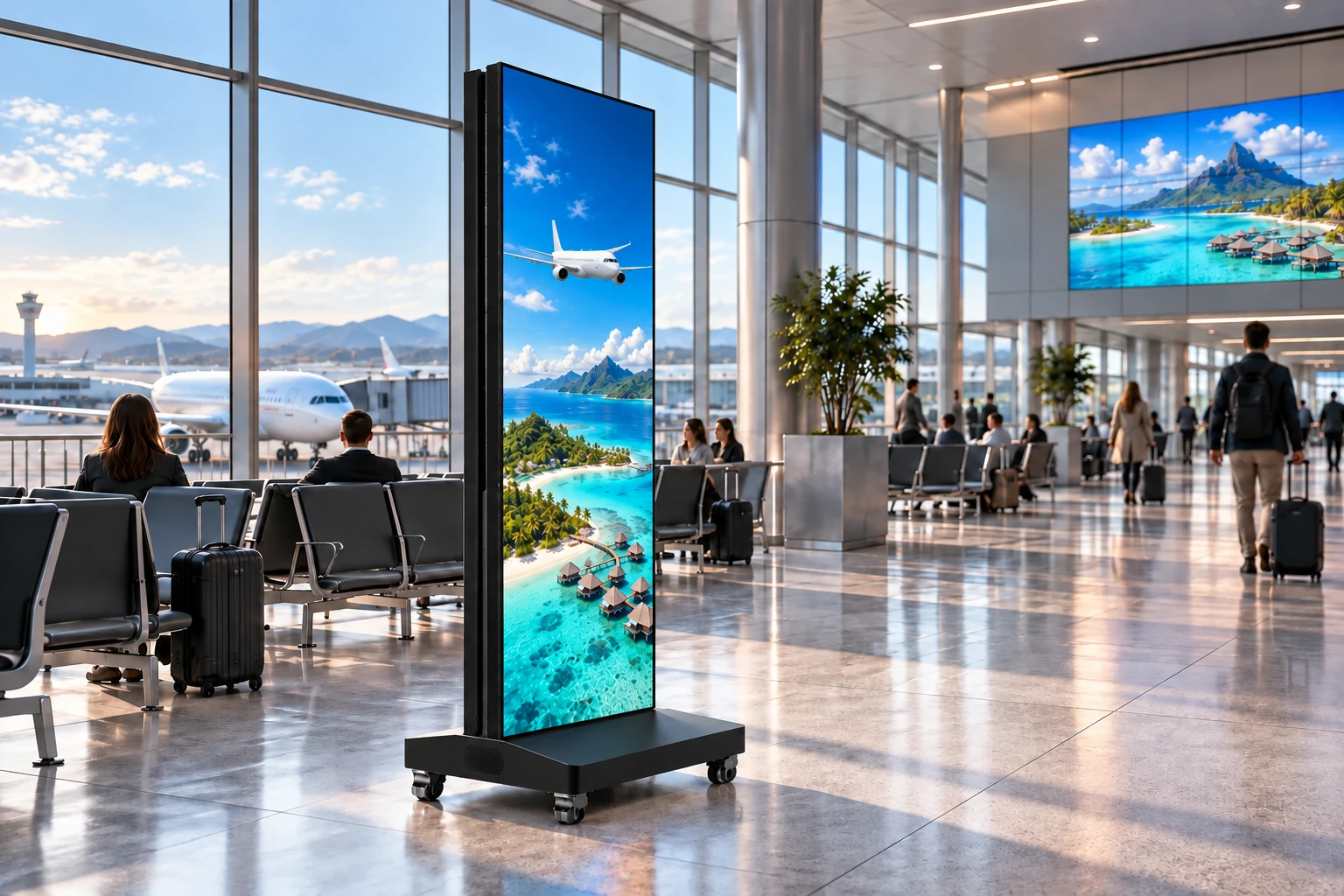 Generated airport terminal concept with a mobile LED poster showing airplane and travel imagery beside passenger seating