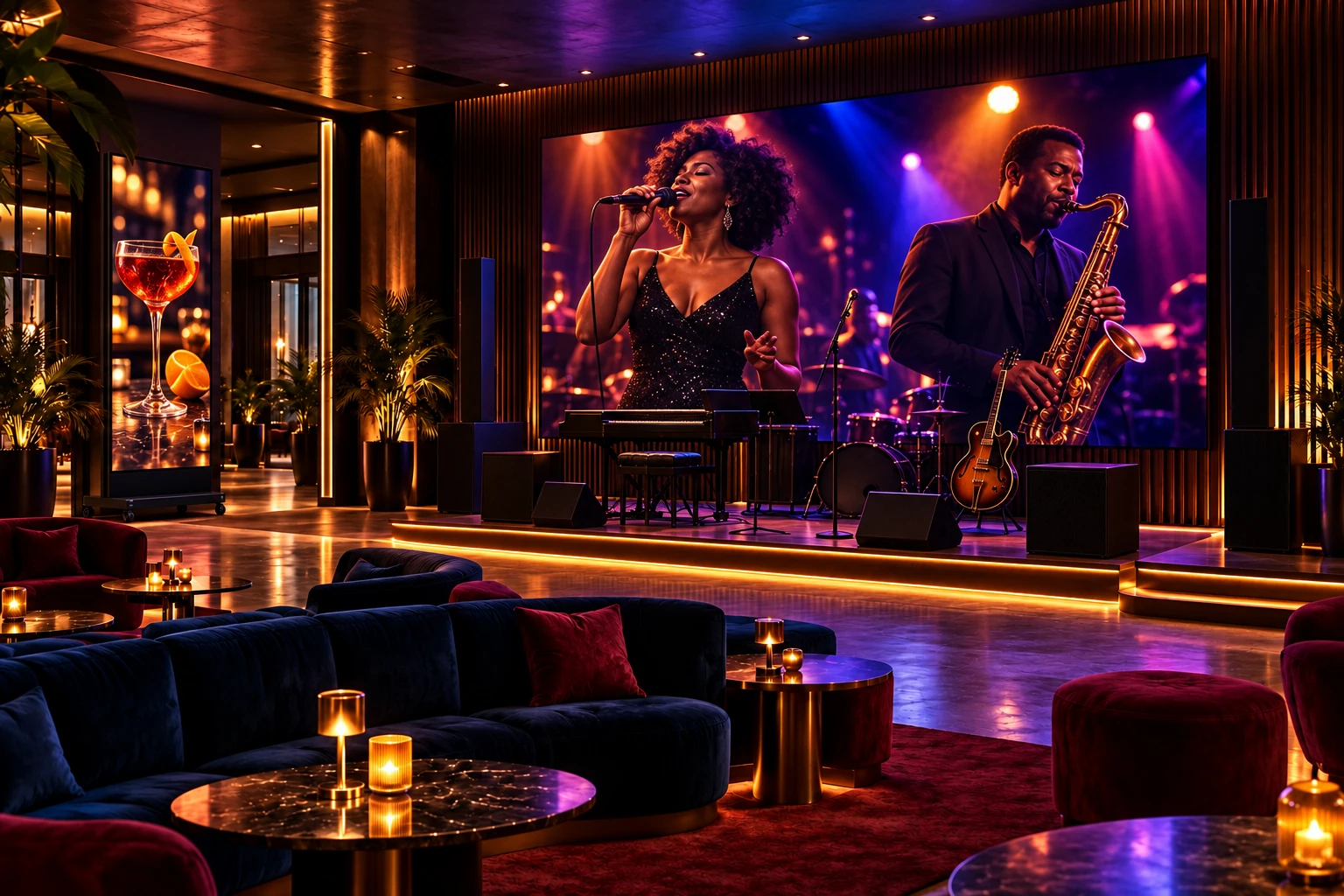 Generated bar concept with cocktail imagery on a portrait display and live-performance content on a large LED wall