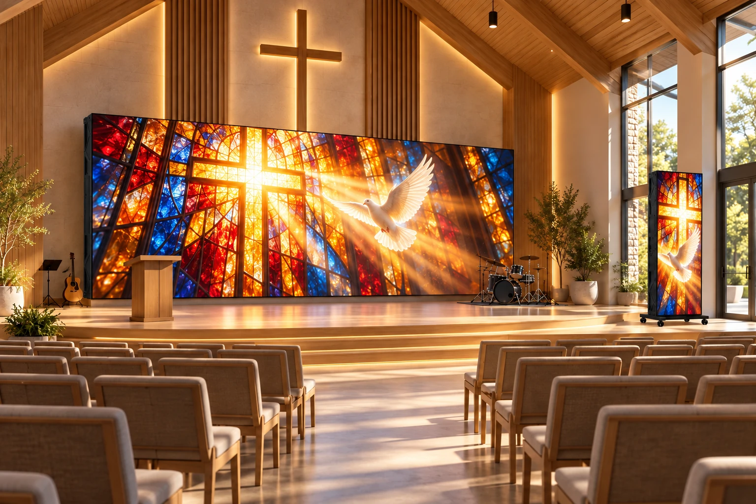 Generated church sanctuary concept with worship imagery on commercial displays, matching the stained-glass and cross setting