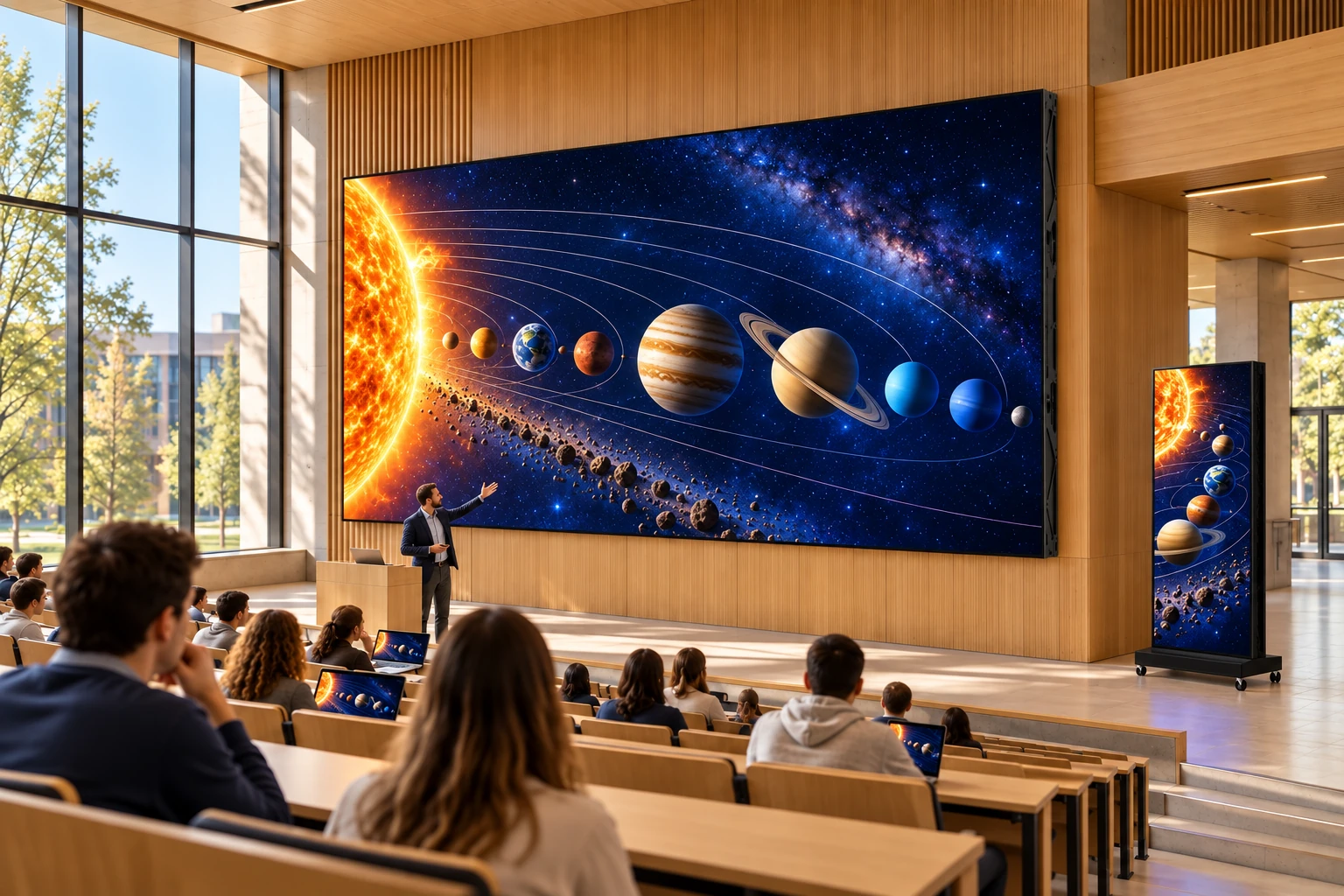 Generated lecture-hall concept with coordinated astronomy teaching visuals on the main and side displays