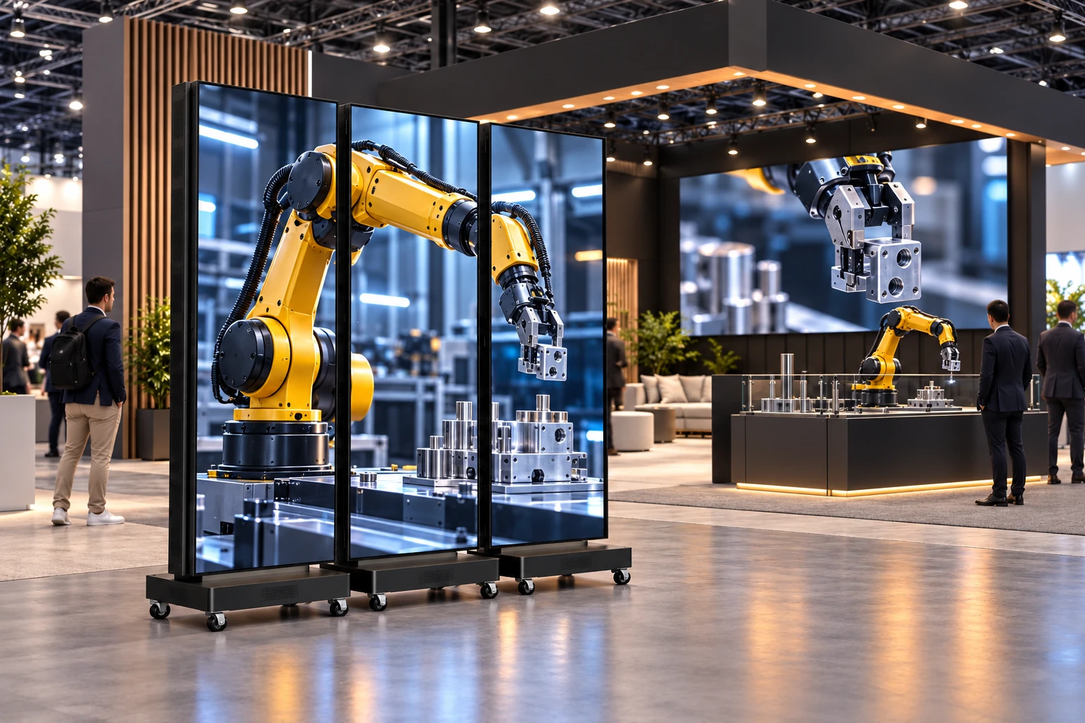 Generated industrial exhibition concept with LED posters showing robot-arm product demonstrations beside a matching booth exhibit