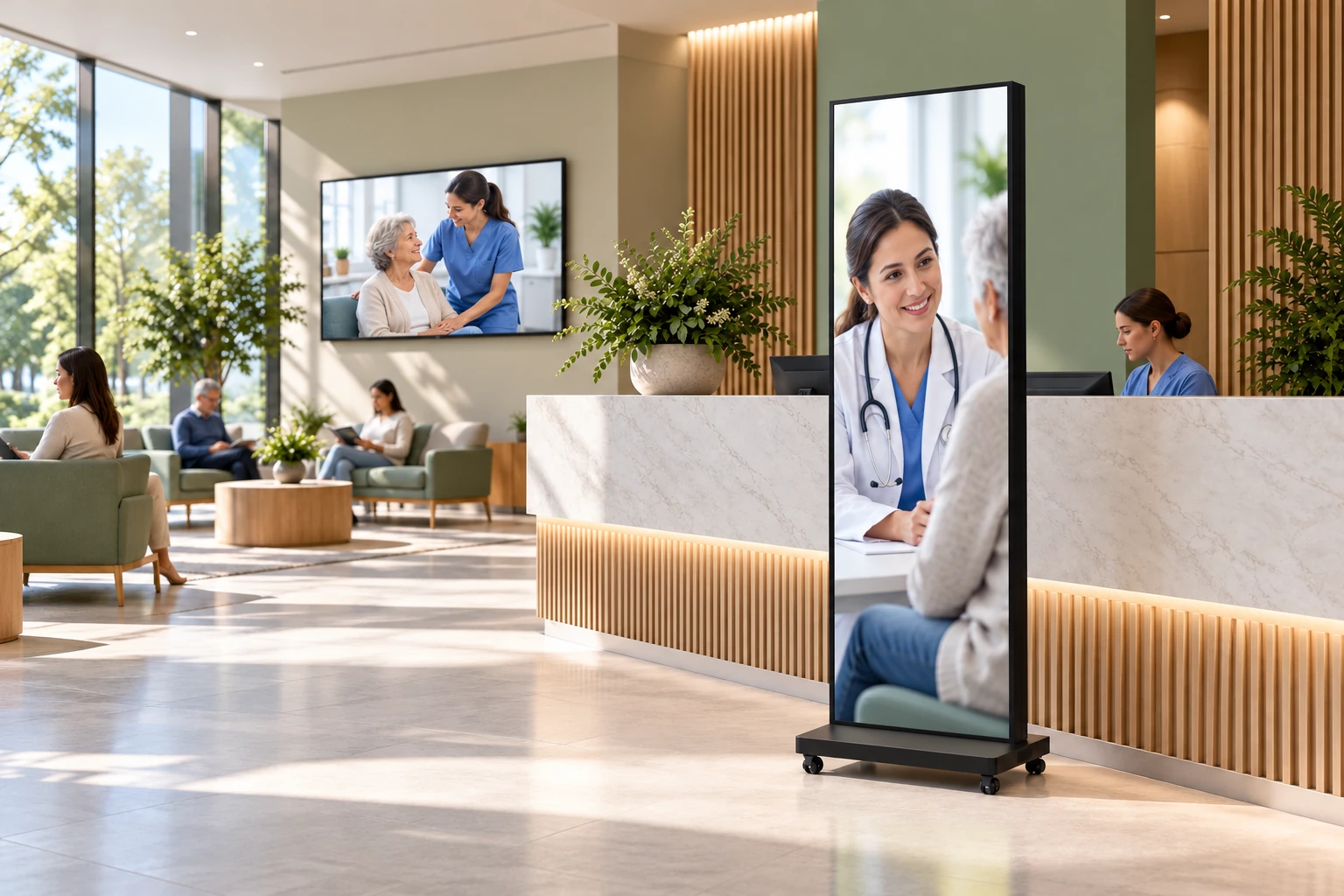 Generated healthcare reception concept with a mobile LED poster showing a reassuring doctor-patient consultation