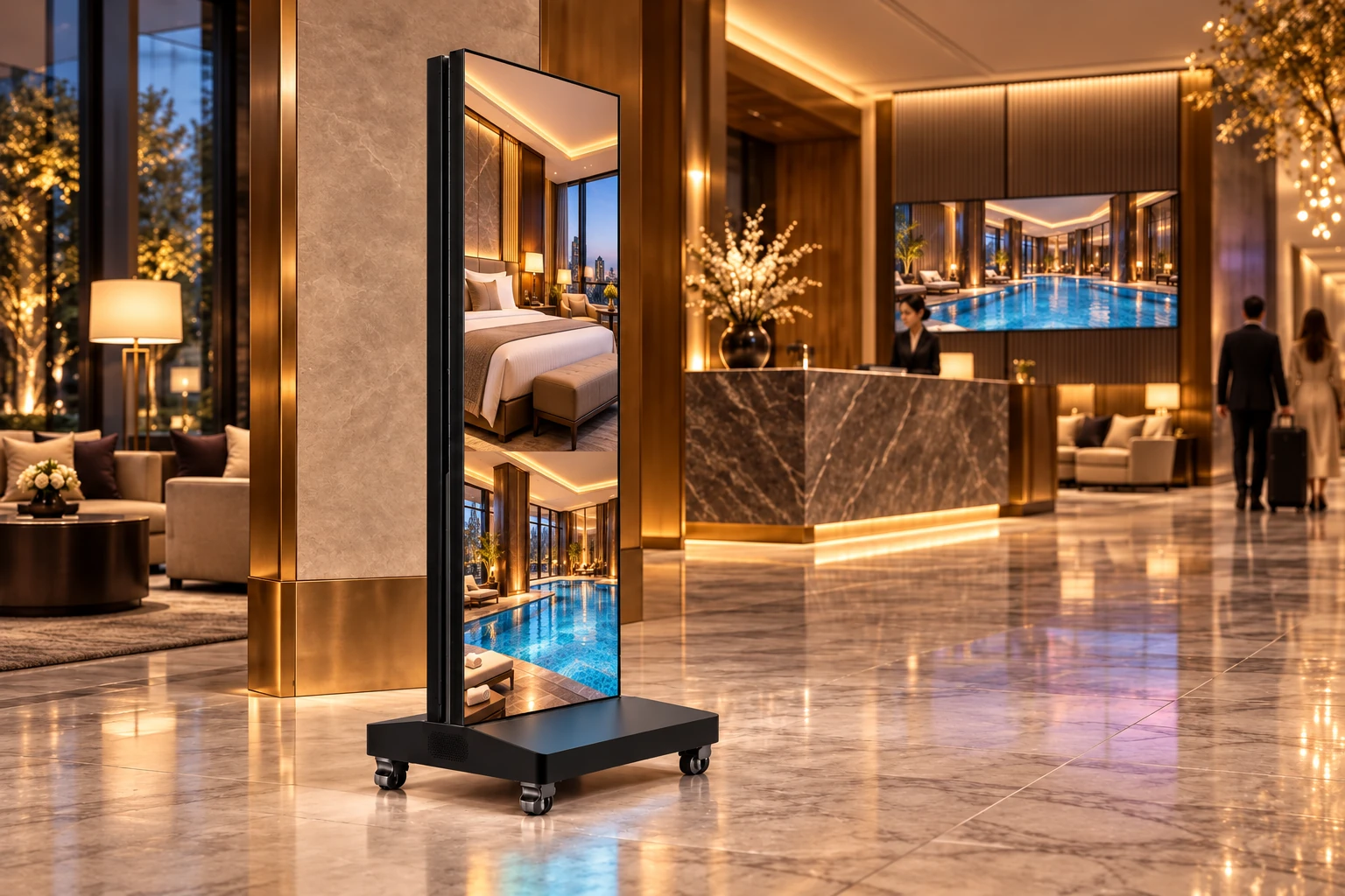 Generated hotel lobby concept with a mobile LED poster showing matching hotel suites and leisure amenities