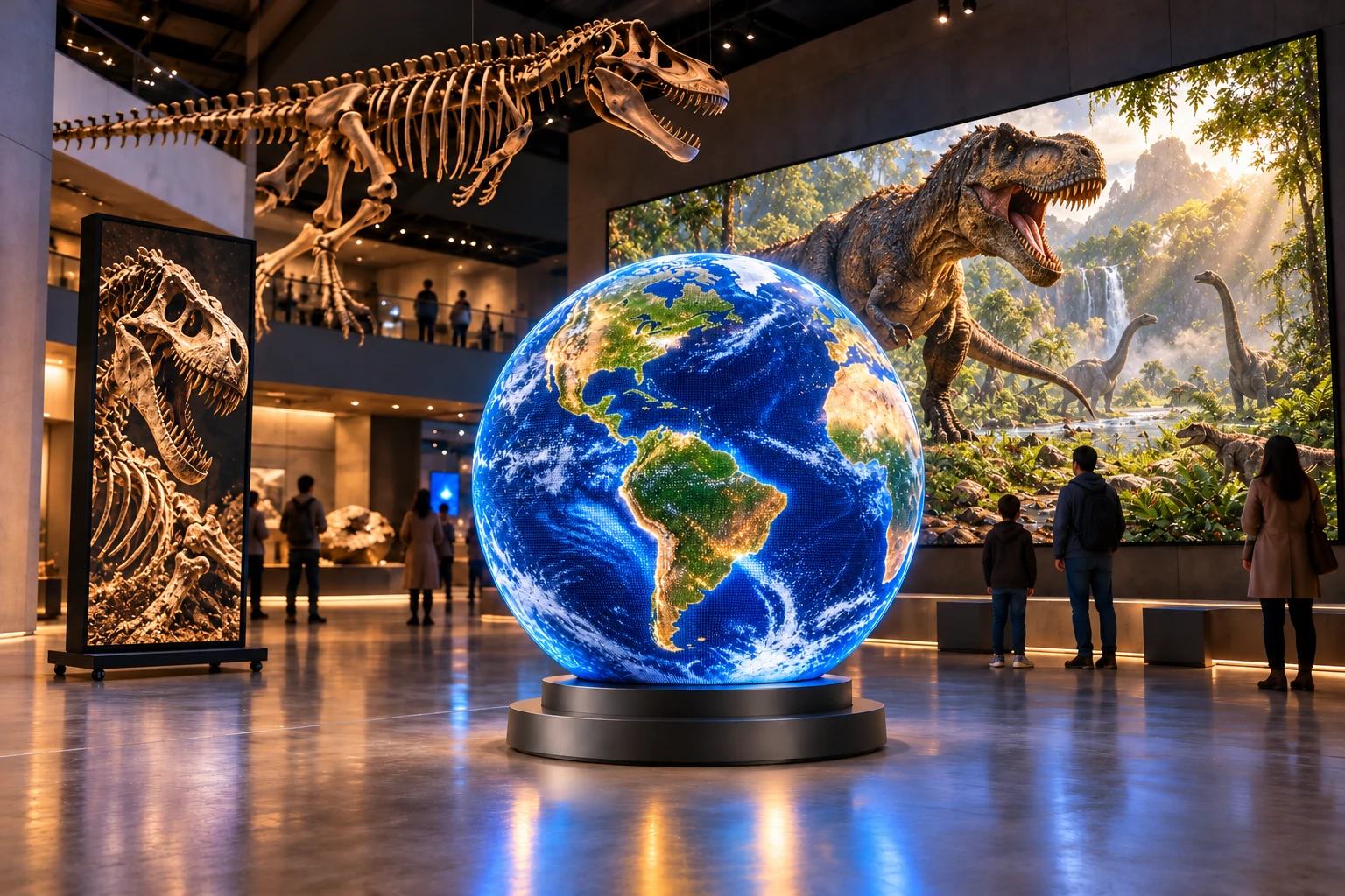 Generated natural-history museum concept with dinosaur exhibition imagery on LED displays and an educational Earth sphere