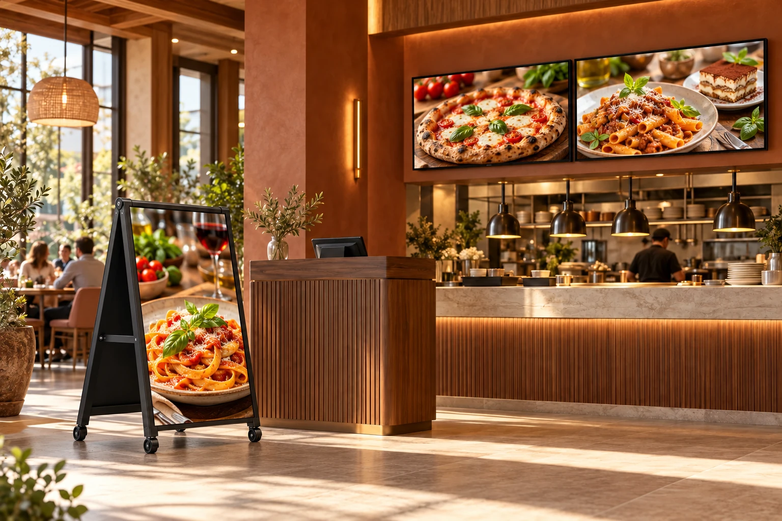 Generated restaurant concept with an A-frame mobile display and wall-mounted screens showing matching plated dishes