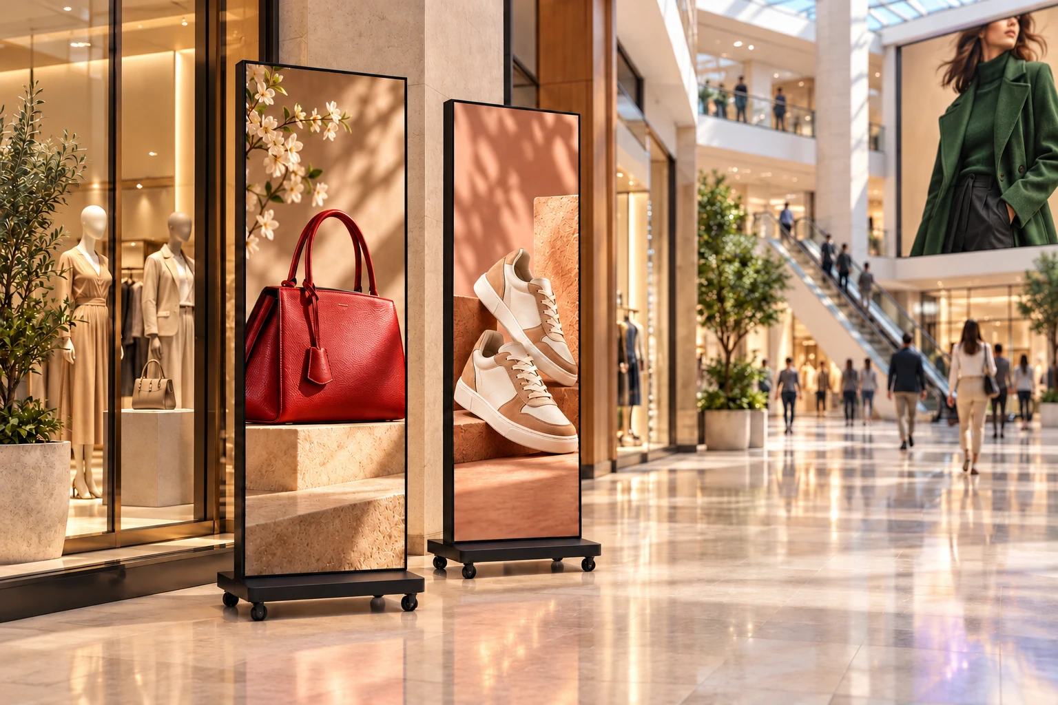 Generated shopping mall concept with a mobile LED poster showing fashion products beside a clothing boutique