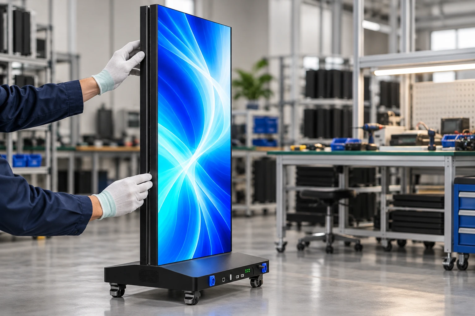 Generated illustration of gloved hands inspecting an LED poster display